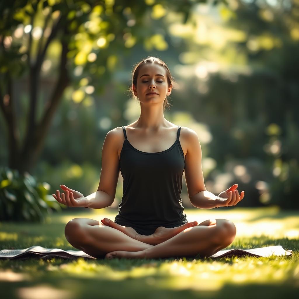 A tranquil scene of a person practicing mindful breathing seated cross legged in a serene